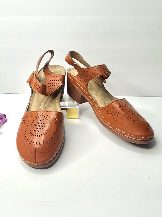 Atalina Shoes - Atalina Comfort Leather Perforated Mary Jane Heels Brown Size 9 Lightweight